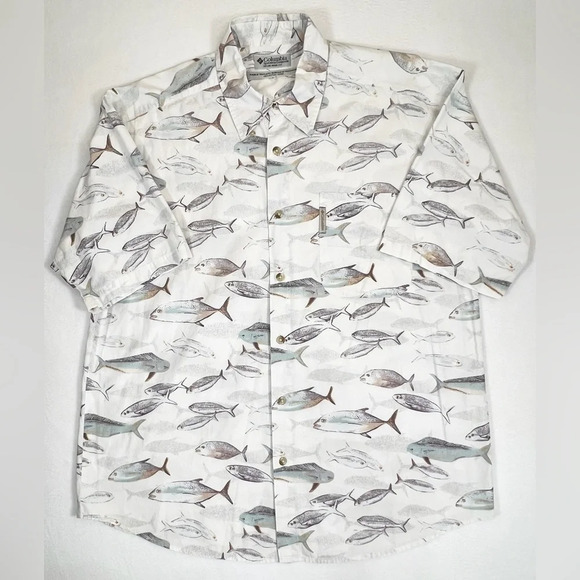 COLUMBIA Men’s White All Over Pattern Fish Print Short Sleeve Button Down Size L - Picture 2 of 12